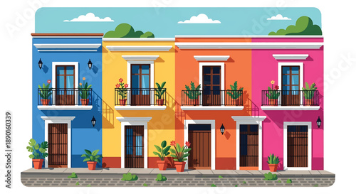 Colorful Latin American house with balconies and plants, modern flat vector illustration showing vibrant urban residential architecture and culture