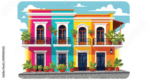 Colorful Latin American house with balconies and plants, modern flat vector illustration showing vibrant urban residential architecture and culture