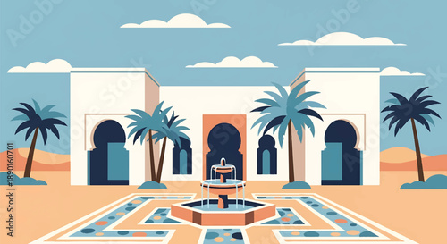Moroccan-inspired riad house with courtyard and arches, modern flat vector illustration showing North African residential architecture and lifestyle