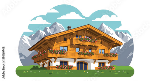 Swiss chalet house with wooden balconies and alpine meadow, modern flat vector illustration showing mountain residential architecture and rural life