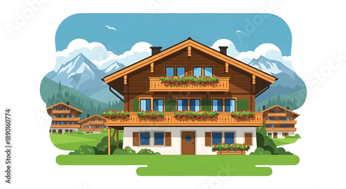Swiss chalet house with wooden balconies and alpine meadow, modern flat vector illustration showing mountain residential architecture and rural life