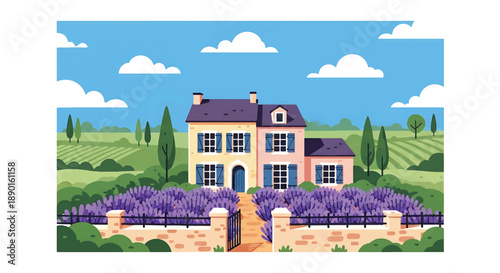 French countryside house with lavender garden and stone fence, modern flat vector illustration showing elegant rural residential architecture