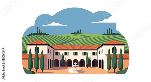 Italian villa with courtyard and vineyard hills, modern flat vector illustration showing Mediterranean residential architecture and lifestyle
