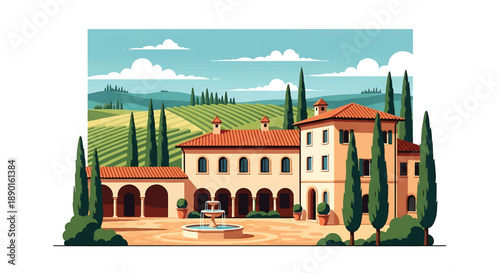 Italian villa with courtyard and vineyard hills, modern flat vector illustration showing Mediterranean residential architecture and lifestyle