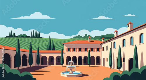 Italian villa with courtyard and vineyard hills, modern flat vector illustration showing Mediterranean residential architecture and lifestyle
