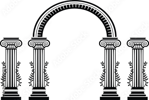 Ancient Greek Roman arch, and ionic columns with laurel leaves for architectural classic history design