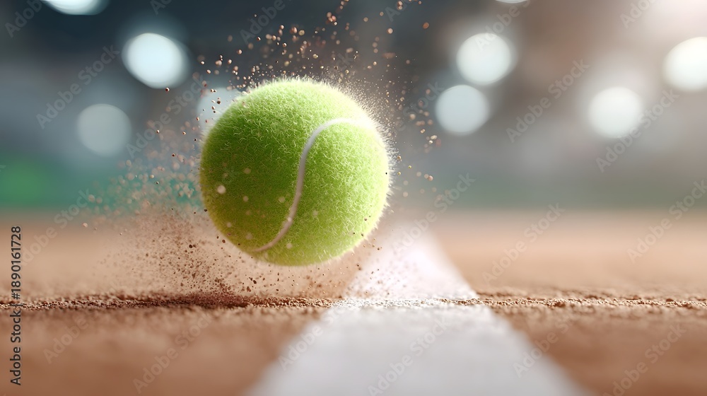 Fototapeta premium Close up view of a green tennis ball hitting a red clay tennis court creating a dramatic spray of dust particles in an active sporting moment