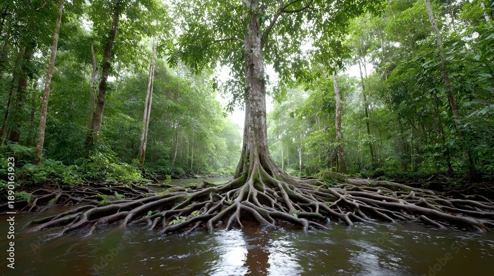 Obraz premium Lush green rainforest surrounds a powerful ancient tree whose extensive gnarled roots spread across the riverbank and into the flowing water showcasing nature s resilience and beauty