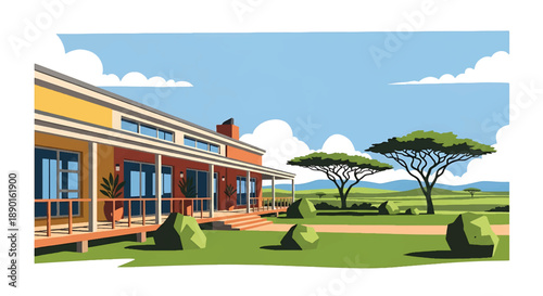 South African house with wide veranda and savanna view, modern flat vector illustration showing African residential architecture