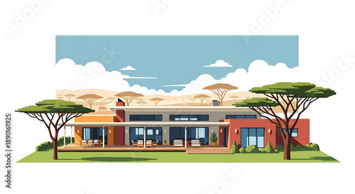 South African house with wide veranda and savanna view, modern flat vector illustration showing African residential architecture