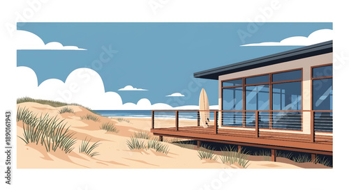 Australian coastal house with deck and ocean view, modern flat vector illustration showing beachside residential architecture