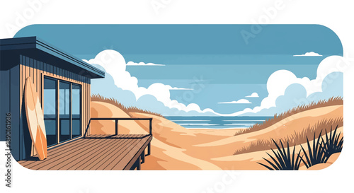 Australian coastal house with deck and ocean view, modern flat vector illustration showing beachside residential architecture