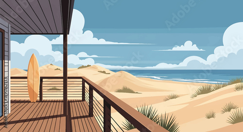 Australian coastal house with deck and ocean view, modern flat vector illustration showing beachside residential architecture