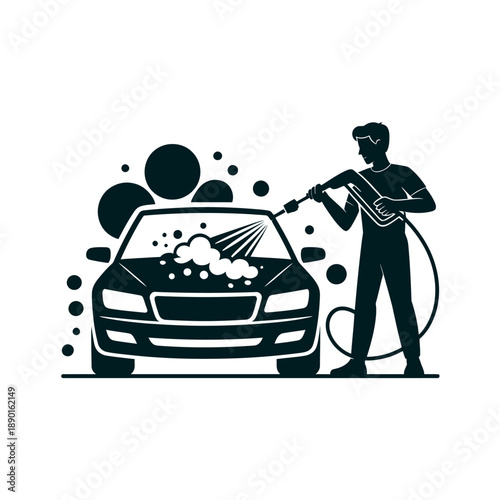 Silhouette of a man pressure washing a sedan car during an outdoor vehicle cleaning service.