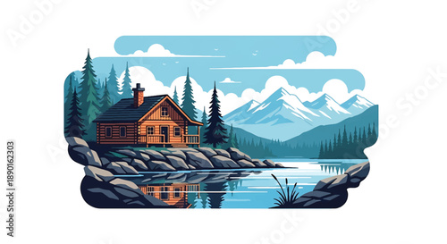 Canadian log cabin with pine trees and lake reflection, modern flat vector illustration showing northern rural residential architecture