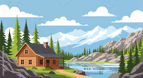 Canadian log cabin with pine trees and lake reflection, modern flat vector illustration showing northern rural residential architecture