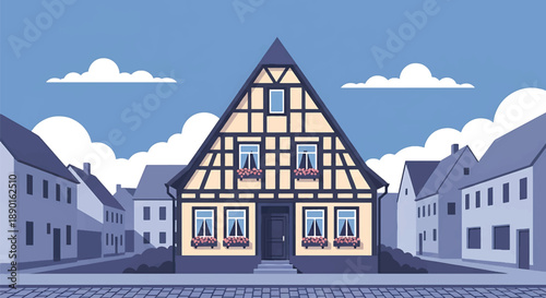 German half-timbered house with cobblestone street, modern flat vector illustration showing European residential heritage architecture