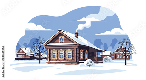 Russian countryside wooden house with snowy yard and chimney smoke, modern flat vector illustration showing cold climate architecture