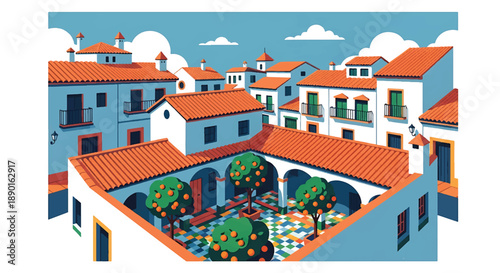Spanish courtyard house with tiled patio and orange trees, modern flat vector illustration showing warm European residential style