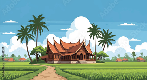 Indonesian tropical house with veranda and rice field background, modern flat vector illustration showing Southeast Asian residential architecture