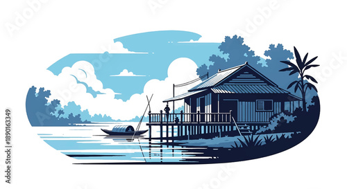 Vietnamese riverside stilt house with wooden deck and boat, modern flat vector illustration showing river-based residential architecture