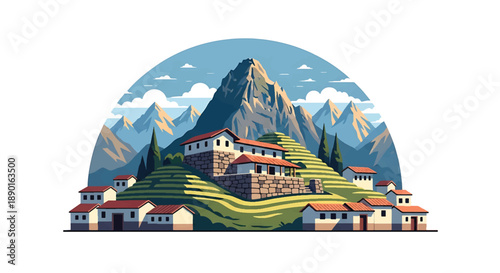 Peruvian mountain house with stone walls and terraced hills, modern flat vector illustration showing Andean residential architecture