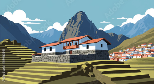 Peruvian mountain house with stone walls and terraced hills, modern flat vector illustration showing Andean residential architecture