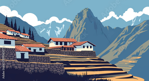 Peruvian mountain house with stone walls and terraced hills, modern flat vector illustration showing Andean residential architecture