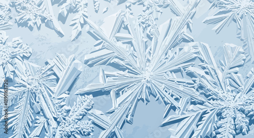 Intricate snowflakes pattern on frosty surface.