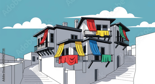 Turkish hillside house with balconies and narrow streets, modern flat vector illustration showing Anatolian residential architecture