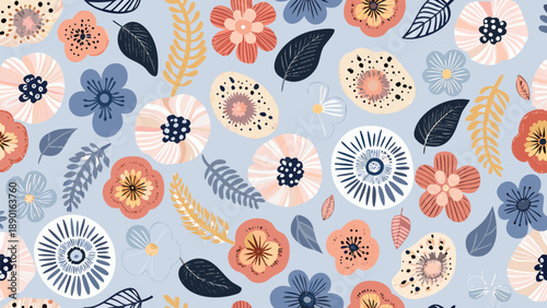 Botanical flowers create a seamless pattern with artistic floral designs and pastel colors providing a decorative elegant and organic surface