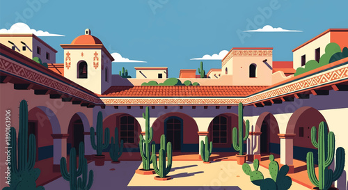 Mexican hacienda-style house with arches and cactus plants, modern flat vector illustration showing colonial residential architecture