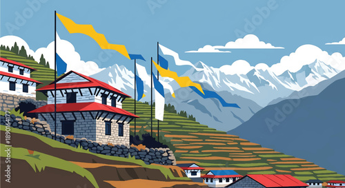Nepalese hillside house with stone walls and mountain view, modern flat vector illustration showing Himalayan residential architecture