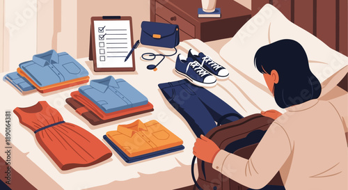 Person organizing folded clothes and fabric samples on a desk during fashion planning.