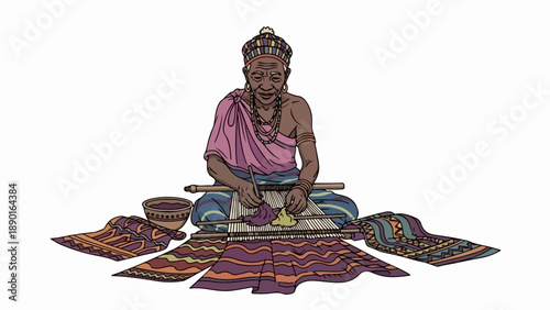 Silhouette group on desert journey under golden sunset sky. Family members walk across sand dunes, an elder with staff guides desert journey.