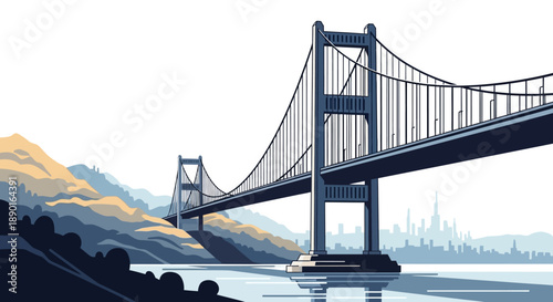 Illustrated suspension bridge spanning water with distant city skyline and surrounding hills.