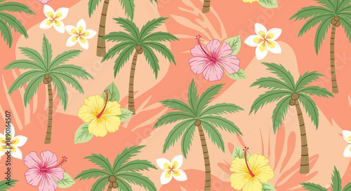 Tropical palm trees and hibiscus floral pattern on peach background.