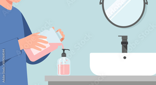 Person washing hands at sink with soap dispenser in bathroom setting.