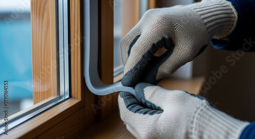 Person applying foam tape for window insulation with gloved hands in a cozy indoor space