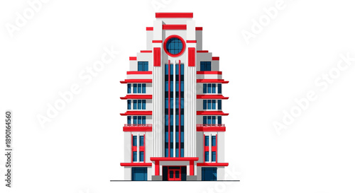 Colorful Art Deco Highrise Hotel Building with Geometric Facade.