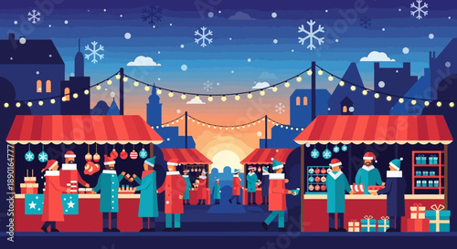 Vibrant winter night market scene with festive stalls, lights, and shoppers enjoying the holiday atmosphere.