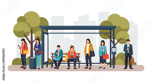 People waiting at a bus stop shelter in a sunny urban setting with trees and benches.