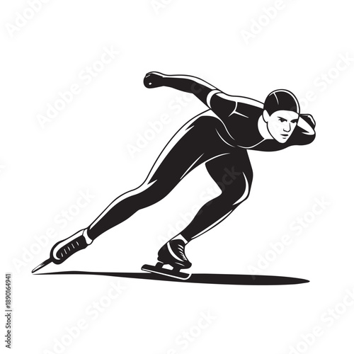Speed skater in action vector illustration black silhouette of athlete on ice with professional gear transparent background