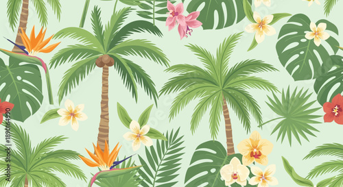 Vibrant tropical pattern of palm trees and hibiscus flowers in a seamless botanical design.