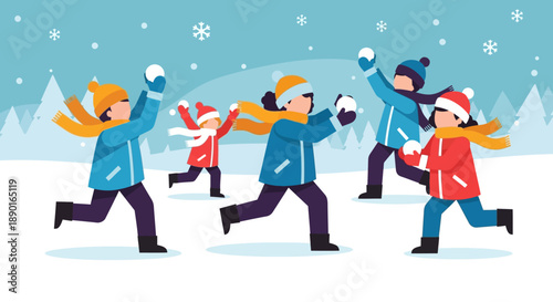 Vibrant group of people enjoying a lively winter skating scene in a snowy park with colorful outfits.