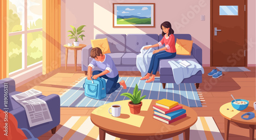 Cozy family afternoon in a sunny living room with kids playing and a parent reading.