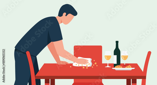 Man dining at a table with wine and food in a stylized flat illustration.