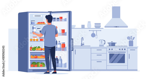 Person standing by open refrigerator in a modern kitchen, selecting groceries.