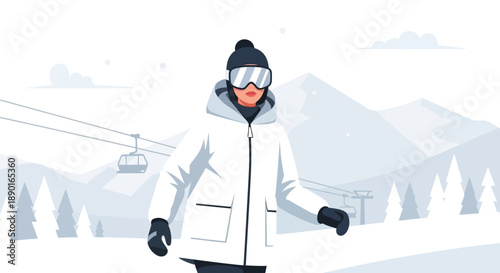 Winter skier gliding down a snow-covered slope beneath a chairlift in a misty mountain landscape.