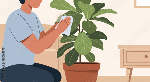 A person tending an indoor potted plant in a cozy home setting.